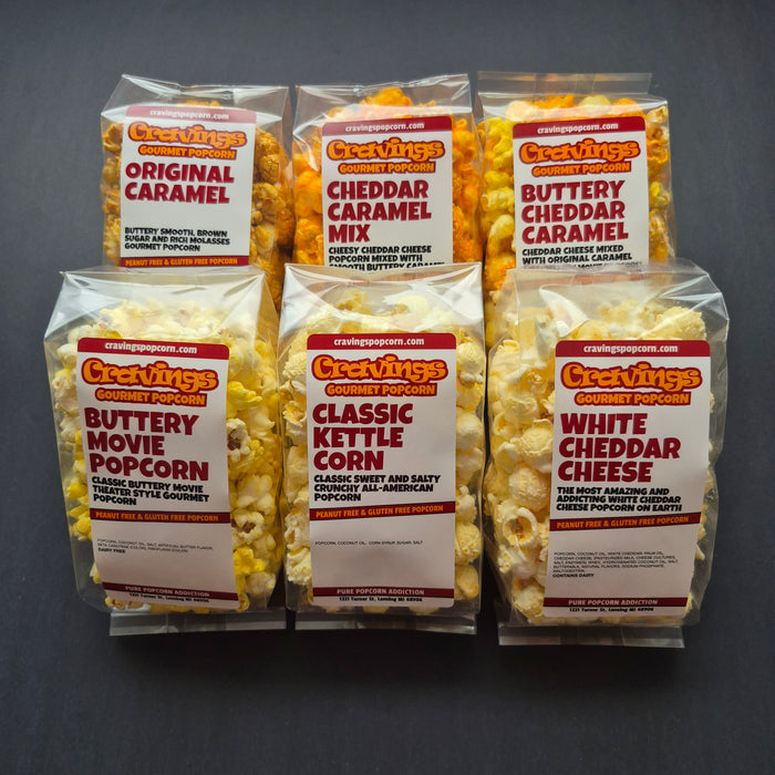 6 pack sampler of gourmet popcorn