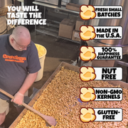 Man working with popcorn kernels in a factory setting, with text highlighting product features.