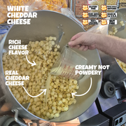 Person pouring cheese sauce into a large bowl of popcorn with text describing the product.