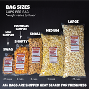Comparison chart of different bag sizes with their dimensions and cup capacities.