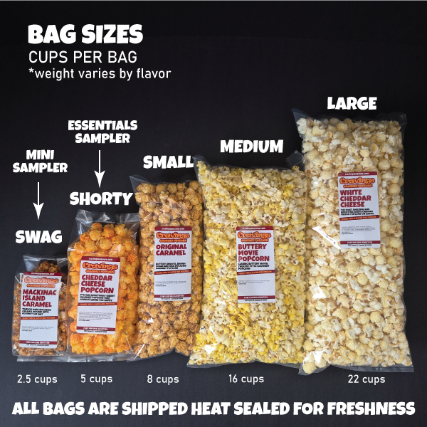 Comparison chart of different bag sizes with their dimensions and cup capacities.