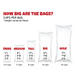 Comparison chart of different bag sizes with their dimensions and cup capacities.
