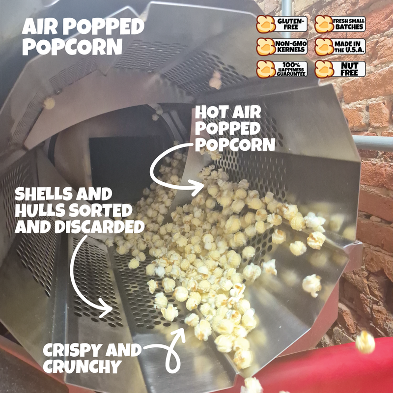Hot air popped popcorn machine removes hulls and unpopped kernels from your popcorn