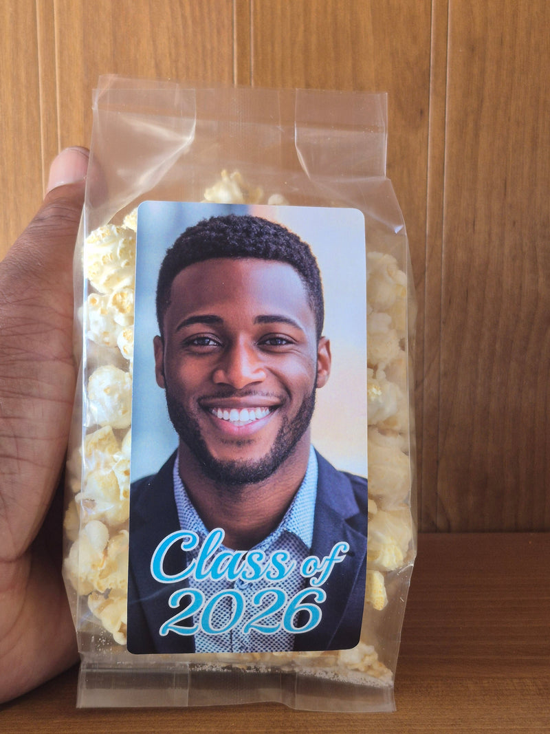 OPEN HOUSE GRADUATION POPCORN WITH CUSTOM LABELS