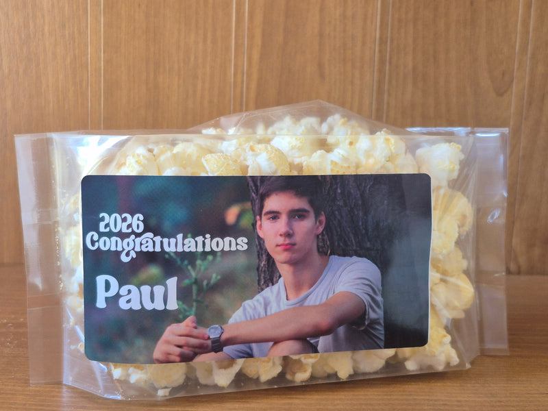 OPEN HOUSE GRADUATION POPCORN WITH CUSTOM LABELS